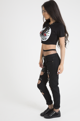 Black Lace Up Graphic Print Crop Top - Martha