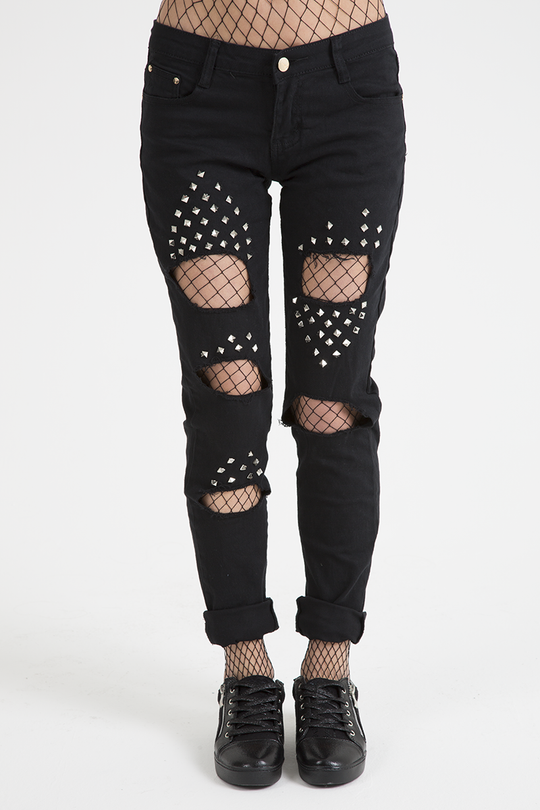 Black Studded Ripped Jeans - Christina