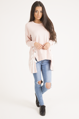 Pink Ribbon Lace Up Dipped Hem Jumper - Wilma