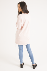 Pink Ribbon Lace Up Dipped Hem Jumper - Wilma