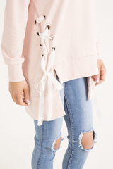 Pink Ribbon Lace Up Dipped Hem Jumper - Wilma