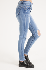 Light Wash High Waisted Knee Rip Jeans - Penelope