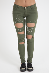 Khaki Studded Ripped Jeans - Christina