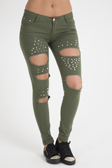 Khaki Studded Ripped Jeans - Christina