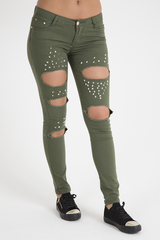 Khaki Studded Ripped Jeans - Christina