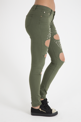Khaki Studded Ripped Jeans - Christina