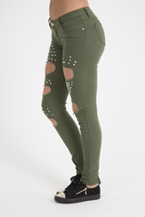 Khaki Studded Ripped Jeans - Christina