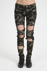 Khaki Camo Studded Ripped Jeans - Christina