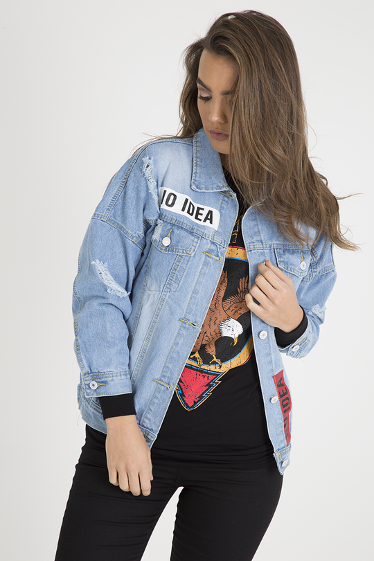 Light Wash Slogan Distressed Denim Jacket - Ashanti