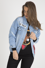Light Wash Slogan Distressed Denim Jacket - Ashanti
