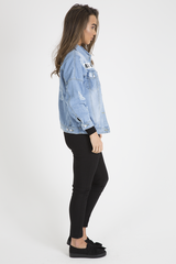 Light Wash Slogan Distressed Denim Jacket - Ashanti