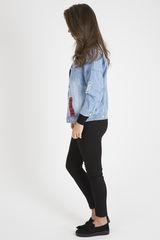 Light Wash Slogan Distressed Denim Jacket - Ashanti