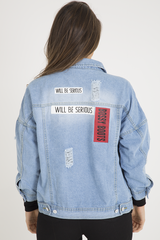 Light Wash Slogan Distressed Denim Jacket - Ashanti