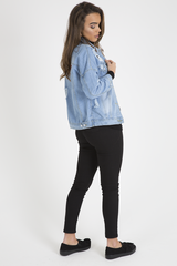 Light Wash Slogan Distressed Denim Jacket - Ashanti