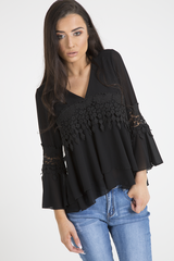 Black Crochet Detail Bell Sleeve Layered Top - Fiona