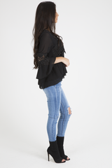 Black Crochet Detail Bell Sleeve Layered Top - Fiona