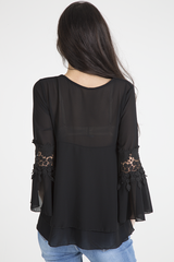 Black Crochet Detail Bell Sleeve Layered Top - Fiona