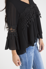 Black Crochet Detail Bell Sleeve Layered Top - Fiona