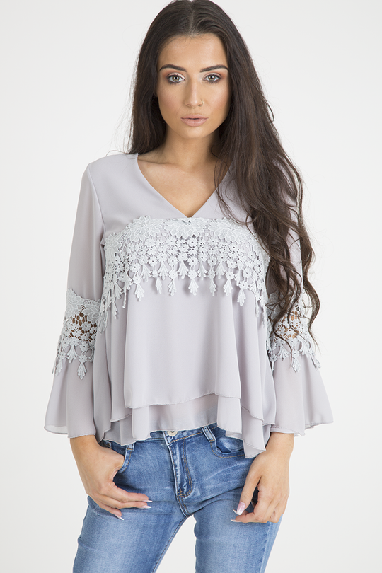 Grey Crochet Detail Bell Sleeve Layered Top - Fiona