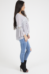 Grey Crochet Detail Bell Sleeve Layered Top - Fiona