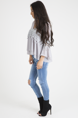 Grey Crochet Detail Bell Sleeve Layered Top - Fiona