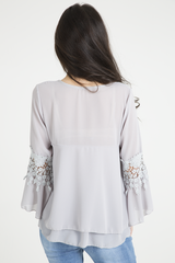 Grey Crochet Detail Bell Sleeve Layered Top - Fiona