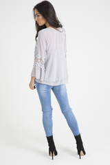 Grey Crochet Detail Bell Sleeve Layered Top - Fiona