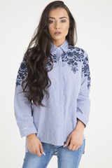 Blue Striped Floral Embroidered Shirt - Mallory