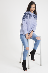 Blue Striped Floral Embroidered Shirt - Mallory