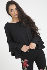 Black Triple Frill Sleeve Top - Clara