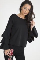 Black Triple Frill Sleeve Top - Clara