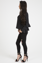 Black Triple Frill Sleeve Top - Clara