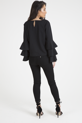 Black Triple Frill Sleeve Top - Clara