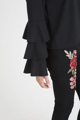 Black Triple Frill Sleeve Top - Clara