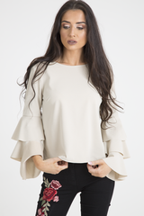 Nude Triple Frill Sleeve Top - Clara
