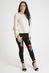 Nude Triple Frill Sleeve Top - Clara