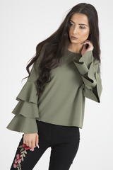Khaki Triple Frill Sleeve Top - Clara