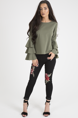 Khaki Triple Frill Sleeve Top - Clara