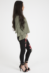 Khaki Triple Frill Sleeve Top - Clara