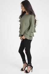 Khaki Triple Frill Sleeve Top - Clara