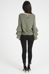 Khaki Triple Frill Sleeve Top - Clara