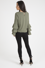 Khaki Triple Frill Sleeve Top - Clara