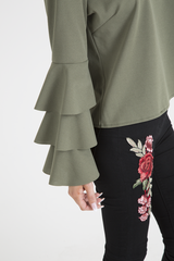 Khaki Triple Frill Sleeve Top - Clara