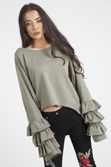 Khaki Oversized Frill Sleeve Top - Connie