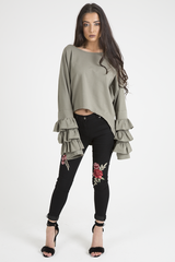 Khaki Oversized Frill Sleeve Top - Connie
