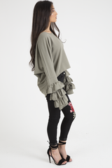 Khaki Oversized Frill Sleeve Top - Connie