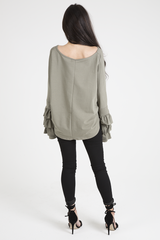 Khaki Oversized Frill Sleeve Top - Connie