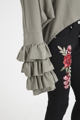 Khaki Oversized Frill Sleeve Top - Connie