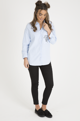 Light Blue Slogan Writing Oversized Shirt - Layla