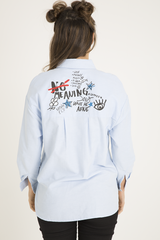 Light Blue Slogan Writing Oversized Shirt - Layla